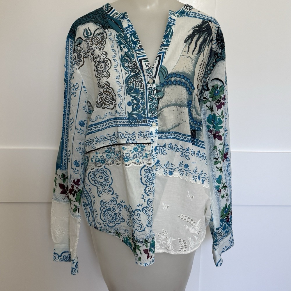 Desigual XL Boho Patchwork Button Front Blouse Om Shiva Graphic Eyelet‎ Cotton